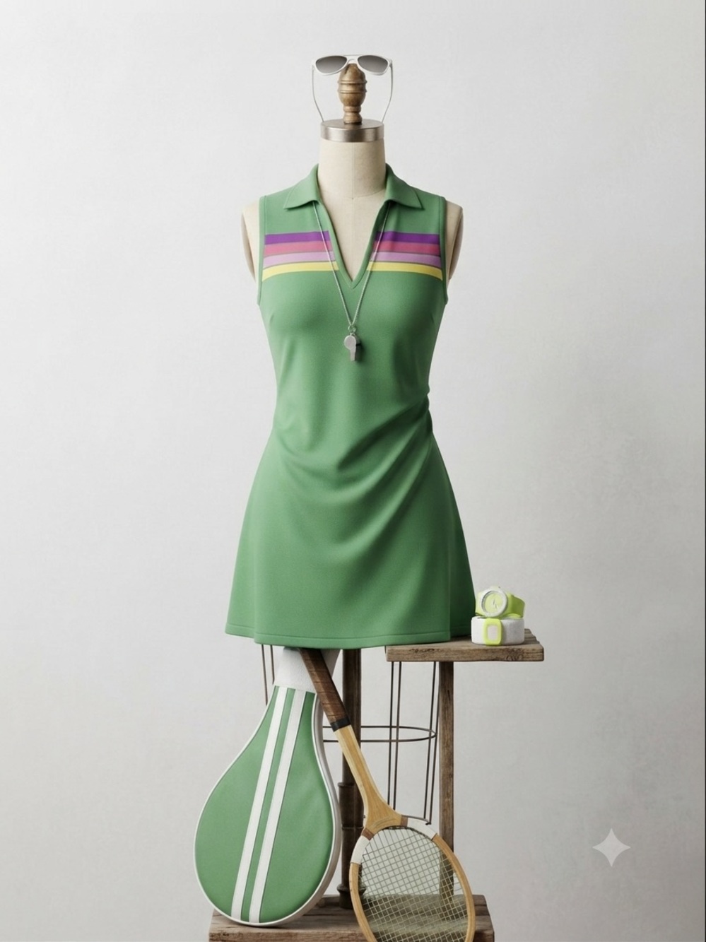 TCEC Green Mini Dress with Pink and Yellow Stripe Accents